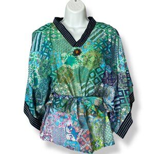 Handmade Top Kimono Sleeve Tie Waist‎ Patchwork Print Colorful Green Blue V-Neck
